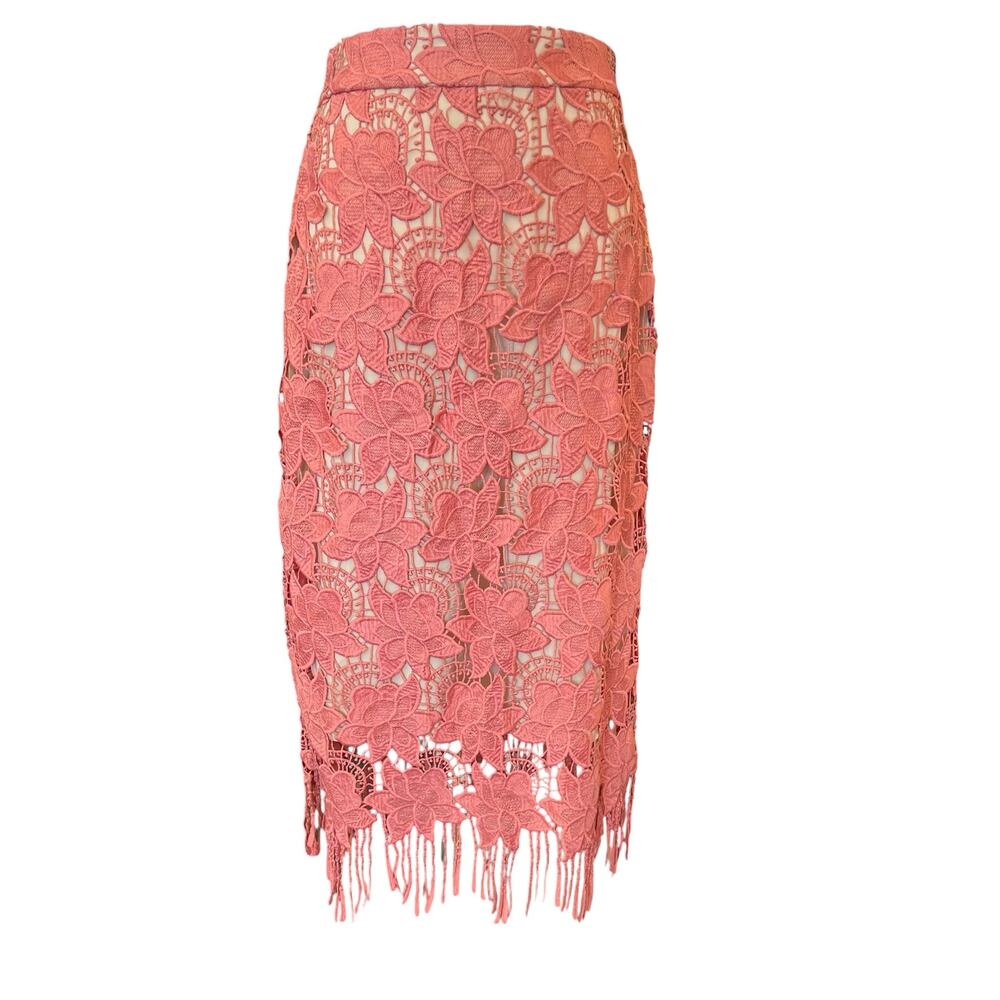 Alice Olivia Pink Floral Lace Strand Pencil Skirt 6 Midi Fringe Cocktail Dressy - Picture 1 of 5